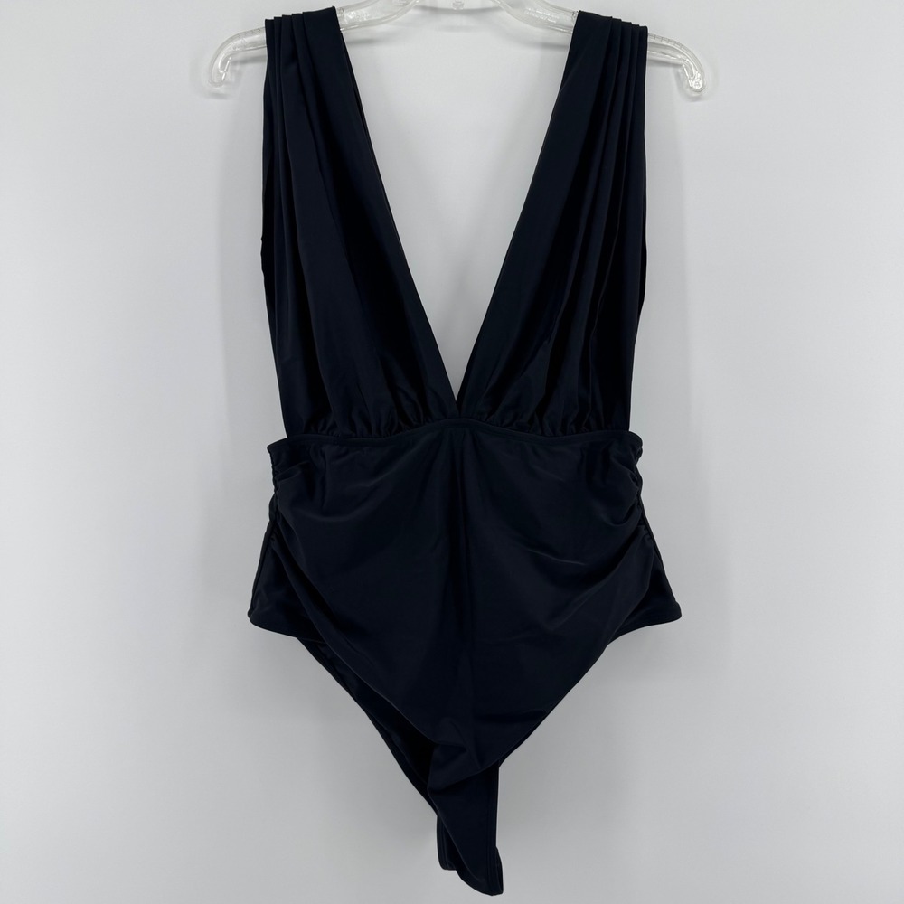 Cupshe One Piece Swimsuit Women XL Black‎ Deep Plunge Pleated Ruched CAA12E4G041
